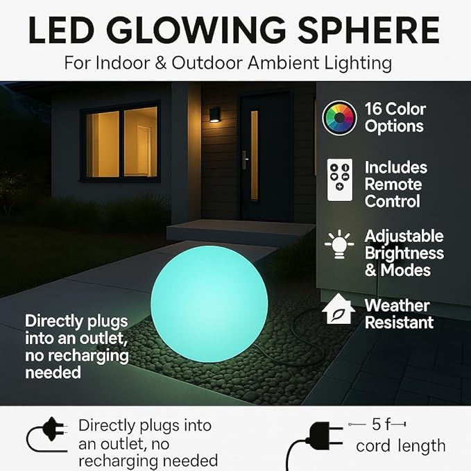 Modern Home Color-Changing LED Glow Ball - 16-Color Remote-Controlled Light Sphere w/Power Cord – Indoor/Outdoor Ambient Mood Lighting, Waterproof, Plug-in (12")