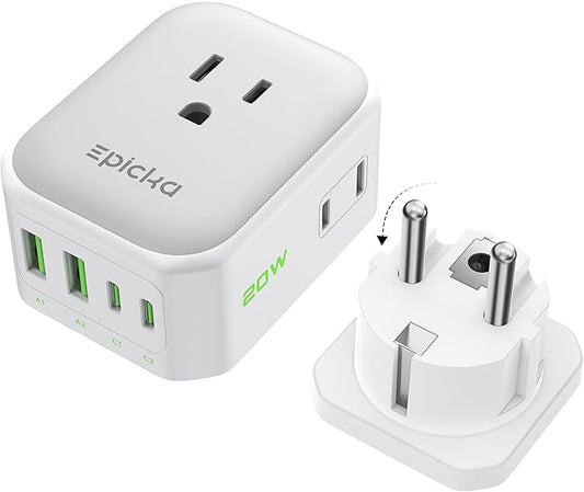 EPICKA Hybrid International Power Adapter for US to German & France, Foldable & Detachable Type EF VisaPlug, 8-in-1 Travel Plug Adapter with 4 USB Ports (2 USB-C PD 20W), Travel Dormestic Essentials
