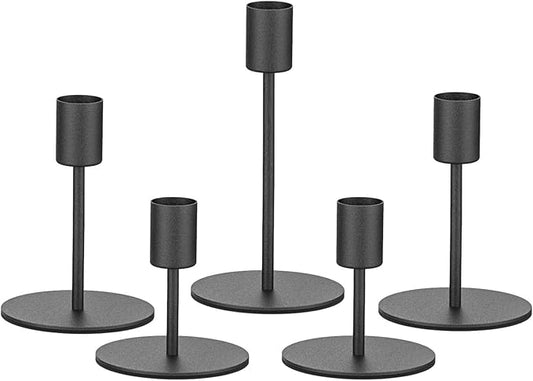 Smtyle Original Design Premium Quality Black Candlestick Holders, Set of 5 Solid Metal Taper Candle Holders Heavyweight Rustic Centerpieces for Tables, Dining, Fireplace, and Mantel Decor