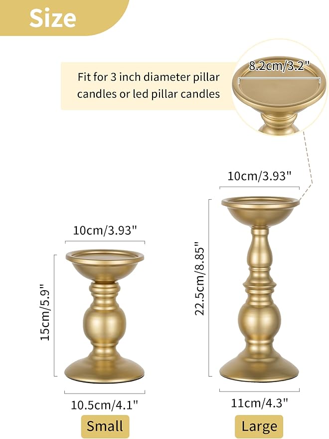 2 Pcs Gold Pillar Candle Holders, Gold Candlestick Most Ideal for 3" Pillar Candles, Gifts for Wedding, Party, Home, Spa, Reiki, Votive Candle (2 x L)