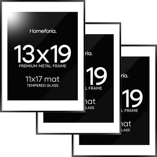 Homeforia 13x19 Picture Frame Black, High End Metal 13 x 19 Poster Frames with Mat 11 x 17 for Photo, 13x19 Black Frame Matted to 11x17 inch Print, 19x13 Thin Frame, Tempered Glass, Wall Kit, Set of 3