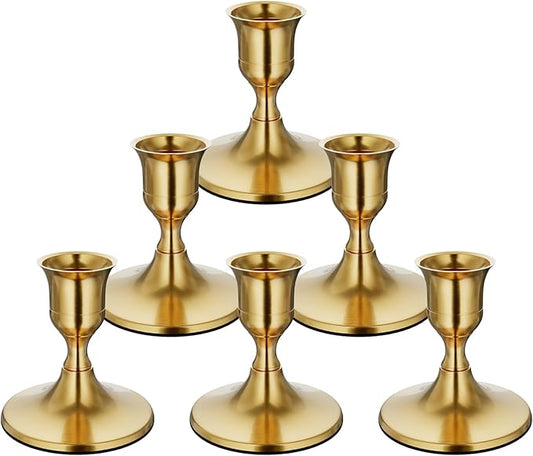 6PCS Brass Gold Taper Candle Holders, Vintage Metal Candlestick Holders for Dinner Room Table Centerpiece or Mantel Wedding Party Decor