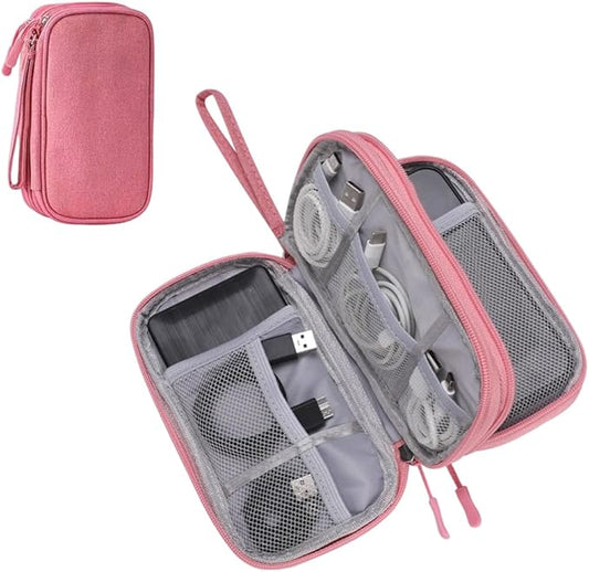 Qeuxv 2026 Travel Cable Organizer Pouch, Electronic Accessories Carry Case, Portable Waterproof Double Layers All-in-One Storage Bag for Cable, Charger, Mobile phone, Headphones (Pink)