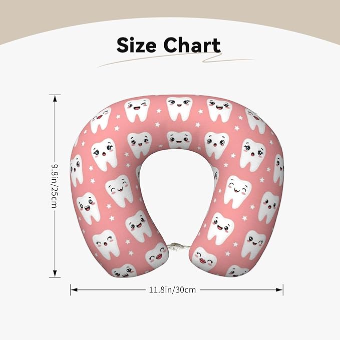Travel Neck Pillow for Pain Relief Sleeping, Cute Dental Teeth Pink, Comfortable Memory Foam Chin Head Cushion Support with Zip Cover, Fashion Car Flight Pillows