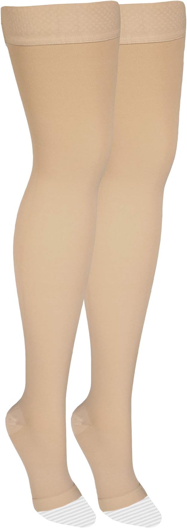 Amazon Basic Care Medical Compression Stockings, 20-30 mmHg Support, Women & Men Thigh Length Hose, Open Toe, Beige, X-Large (Previously NuVein) (Pack of 2)
