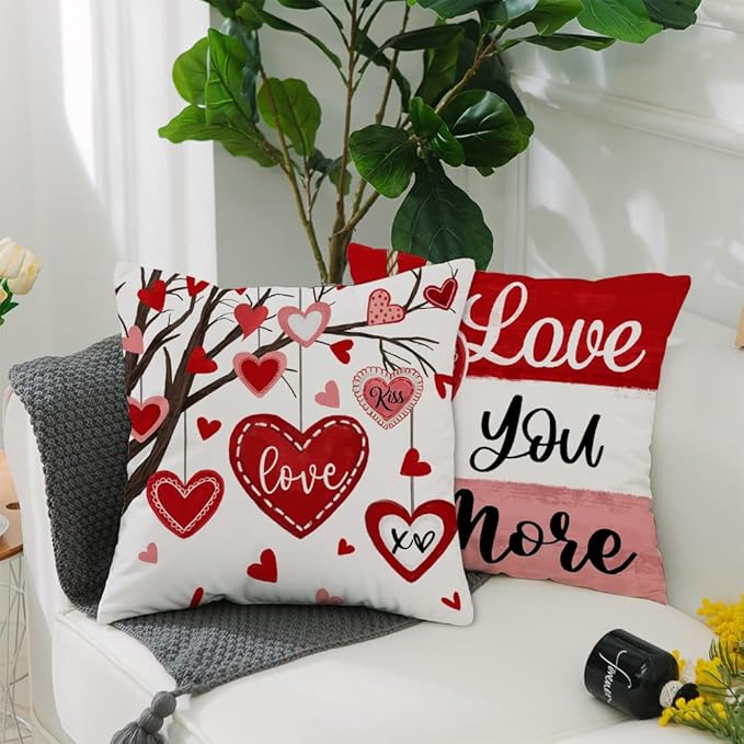 GEEORY Valentine's Day Throw Pillow Covers 16x16 Inch Set of 4, Valentines Red Hearts Love You More Decorative Farmhouse Holiday Cushion Case for Home Decoration G443-16