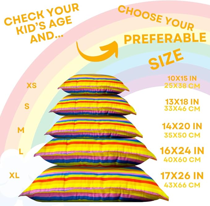 Kinder Fluff Mini Toddler Pillow (2Pk) 10x15in – First Pillow for Kids Age 2+, Bright Rainbow Design, 100% Cotton Sateen Stripe 300T, Down Alternative Fill, Machine Washable, Colourful Kids Cushion XS