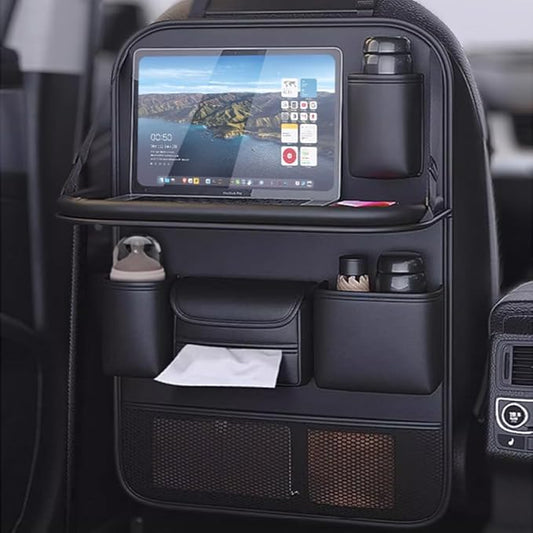 Tumecos Car Backseat Storage Bag with Foldable Table Tray,Large Capacity Seat Back Organizer,Car Kick Mat with Touch Screen Phone Holder,Multifunctional Backseat Protector Cover Pad (Style B)