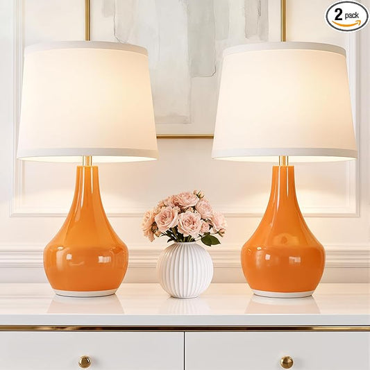 Seealle Modern Ceramic Table Lamps for Night Stands - Bedside Lamps Set of 2 for Nightstand,Orange Bedroom Lamp for Living Room Cute Desk End Table Office Guest Room Dresser Rocker Swtich