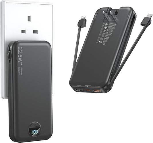 Portable Charger with Wall Plug, 12000mAh USB C Power Bank Fast Charging, External Battery Pack with Built in Cables, Digital Display, 5 Output 4 Input for iPhone Android Cell Phone Tablet