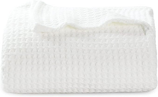 Bedsure Gentlesoft 100% Cotton Large Throw Blanket for Couch 50x70 inches - Breathable and Soft, Waffle Weave Throw Blanket for Office, White