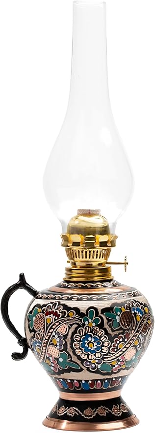 Vintage Handmade Copper Oil Lamp 15.35” – Decorative Hurricane Lantern for Indoor Lighting, Farmhouse Kitchen Décor, Emergency Lamp for Power Outages, Christmas Gift