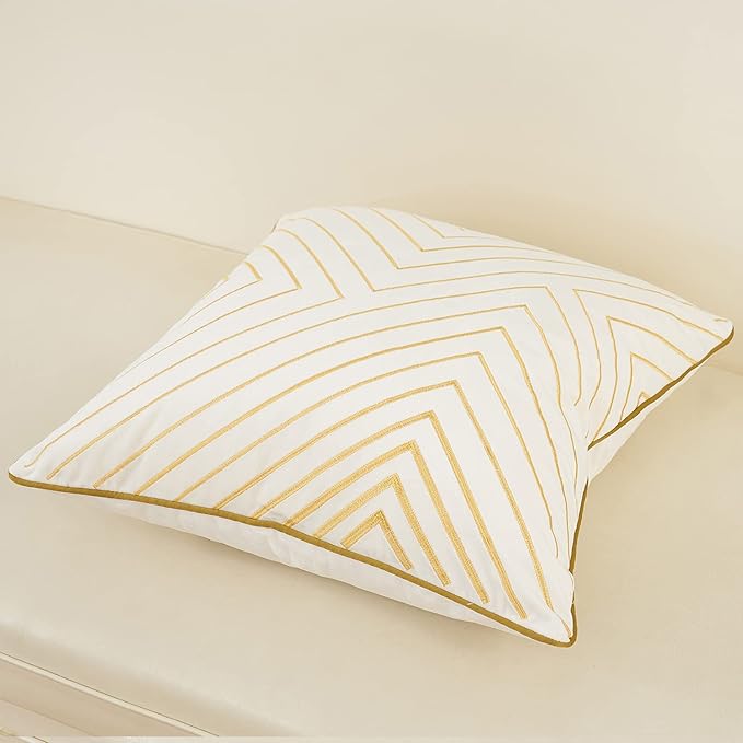 Avigers 18 x 18 Inch White Gold Striped Geometric Lines Embroidery Velvet Cushion Case Luxury Modern Throw Pillow Cover Decorative Pillow for Couch Living Room Bedroom Car 45 x 45cm