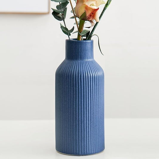 Bohemian Blue Ceramic Vase - for Pampas Grass, Mantel, Bookshelf, Entryway and Living Room Decor (Blue, 8in)