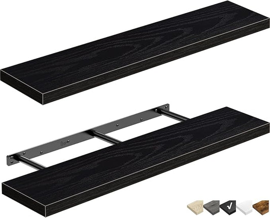 QEEIG Floating Shelves for Wall 35.4" Long - Wall Mounted Shelf Bathroom Kitchen Living Room Bedroom Farmhouse Home Decor Display Bookshelf Large 35.4 x 9.3 inch Set of 2, Black (008-90B)