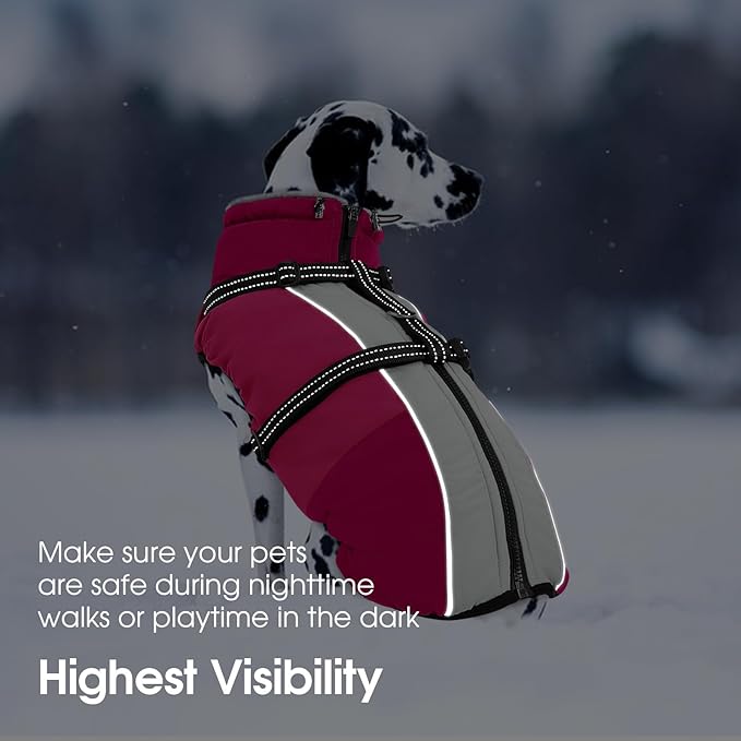 SUNFURA Dog Coat, XXXL Dog Jacket with Harness Built in, Waterproof Pet Winter Coat Snowsuit with Zip, Reflective Fleece Jacket for Extra Large Dogs, Great Dane, Hot Pink 3XL
