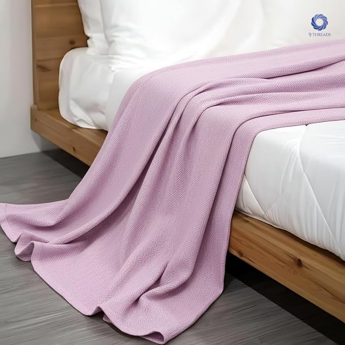 100% Long Staple Cotton Herringbone Multipurpose Blanket | Soft & Breathable, Lightweight All-Season Throw for Sofa/Couch/Bed | Machine Washable | (Herringbone - Lavender, Queen)