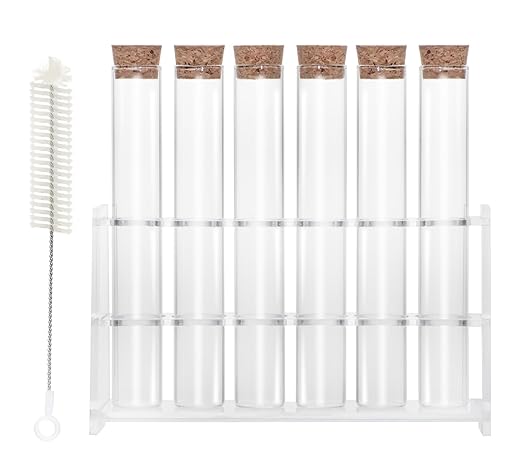 6pcs 30ml Glass Test Tube with Cork Stopper, 20x150mm Flat Bottom Storage Tube with Cap, 6 Holes Acrylic Rack, Plant Propagation Vase Set for Scientific Experiments Lab Candy Liquid Party Decor