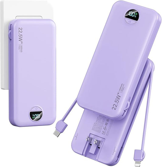 Ultra-Portable-Charger-Power-Bank with Built in Cables&AC Wall Plug,12000mAh PD20W USB-C Fast Charging Cell Phone Charger Battery Pack,LED Display Travel Battery Bank for All iPhone,Samsung,Android