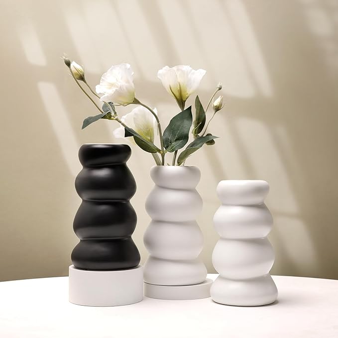BosilunLife Ceramic Vase with Stacked Bubble Design – Boho Modern Sculptural Flower Vase for Home Decor, Shelf or Table Centerpiece (Unglazed White)