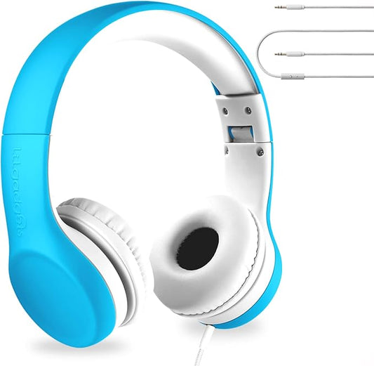 LilGadgets Connect+ Foldable Headphones, Adjustable Fit Soft Touch Padding for Kids with Mic, Volume-Limited & Noise Reduction On-Ear Wired Headset for School with SharePort - Blue, Ages 3-14