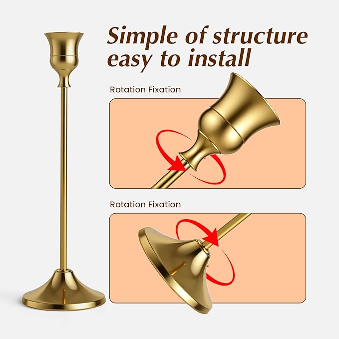 SylvaCraft Brass Gold Candle Holders Rustproof Taper Candlestick Holders for Holiday Party Table Centerpiece Wedding Fireplace Mantel Housewarming Gift(10 Sets(30 Pcs))