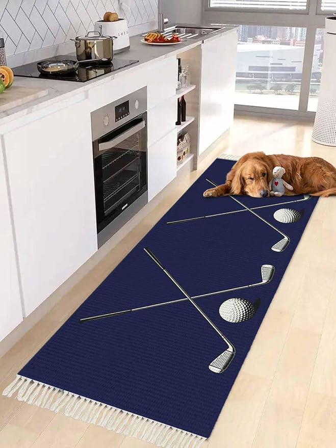 Navy Blue Runner Rug 2X4 Ft Entryway Outdoor Indoor Mat, Washable Woven Sports Golf Ball Throw Carpet with Tassel, Non-Shedding Modern Minimalist Art Hallway Bath Mats
