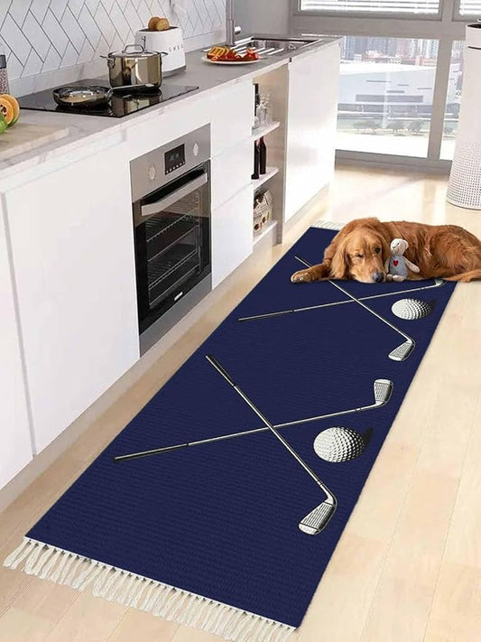 Navy Blue Runner Rug 2X4 Ft Entryway Outdoor Indoor Mat, Washable Woven Sports Golf Ball Throw Carpet with Tassel, Non-Shedding Modern Minimalist Art Hallway Bath Mats