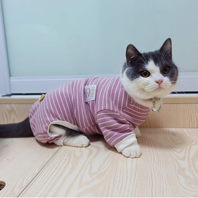 KYEESE Dog Pajamas Stretchable 4 Legs Doggie Jammies Striped Jumpsuit Lightweight Onesie Puppy Pajamas Cozy Outfit Comfortable Dog Clothes Hair Shedding Cover Pet Sleepwear,Pink Striped, Medium