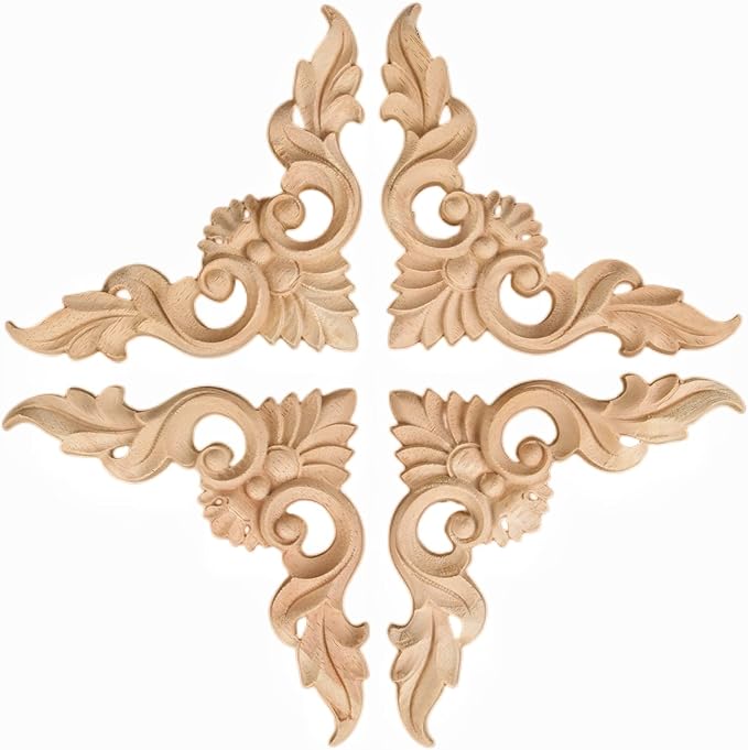 MUXSAM 4Pcs Wood Carved Appliques Onlays, Unpainted Little Wooden Corners Flower Carvings Decals for Mirrors Cabinets Walls Doors Chests Dressers Night Stand DIY Artwork Project, 12x12cm/4.72"x4.72"
