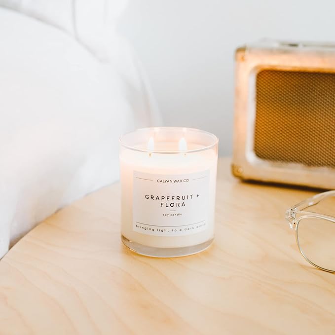 Calyan Wax Co. Grapefruit & Flora 2 Wick Scented Candle - 37 Hour Burn - Luxury Non Toxic Soy Wax Candles - Long Lasting Large Glass Jar Candle for Home - 8.8oz