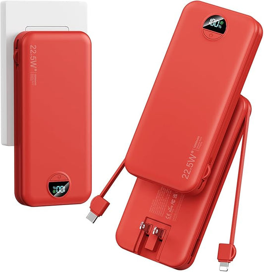 Ultra-Portable-Charger-Power-Bank with Built in Cables&AC Wall Plug,12000mAh PD20W USB-C Fast Charging Cell Phone Charger Battery Pack,LED Display Travel Battery Bank for All iPhone,Samsung,Android