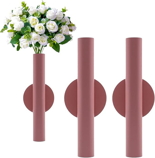 Adhesive Metal Wall Vase Holder - Decorative Tube for Dried/Faux Floral Display, Rust-Resistant Home & Office, Dining Room Also Suitable for Cemetery Memorial Display Decor (2 PCS Pink)