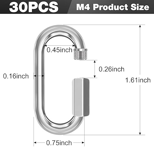 M4-30 Pack 1.61“ Quick Links Chain Connectors, 5/32″ Galvanized Chain Locking Hooks, 330LBS Heavy Duty Thread Quick Link Clips, Twist Oval Keychain D Shape for Swing, Backpack, Key Ring