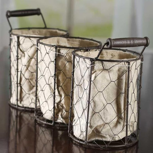 Factory Direct Craft Versatile Brown Chicken Wire Triple Basket with Natural Linen Liner. Use The Small Basket as Cottage, Coastal or Farmhouse Home Decor Organizer.