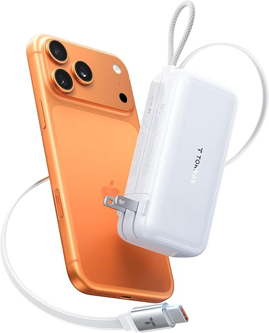 TORRAS EasyGo 3-in-1 Portable Charger Power Bank with Wall Plug & Retractable USB-C Cable, Fast Charging 10000mAh Battery Pack for iPhone 17/16/15, Samsung, Laptop, MacBook - Travel Essential