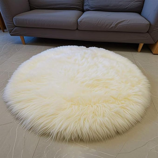 Kopal Round Sheepskin Rug, Real Sheep Skin Fur Rug, Lambskin Area Rug, 4X4 ft, Natural White