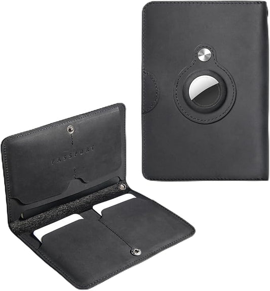 Leather Passport Holder for Travel - Passport Wallets with AirTag Slot, 5 Card Slots & Secure Button Closure, Durable Passport Cover for Men & Women - Crazy Horse Leather(5.9'' x 4.13'')