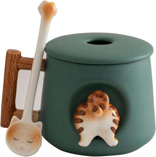 DIHOclub Adorable 3D Ceramic Animal Mug with Lid and Spoon - Perfect for Coffee, Tea, Milk, and More - Ideal Gift for Animal Lovers - 14 Ounces (Green Cat's tail)