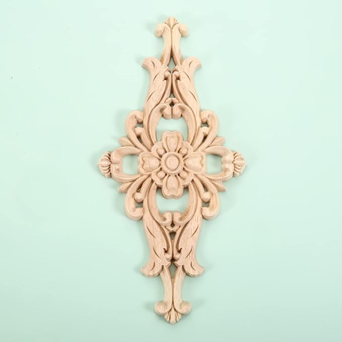 MUXSAM Wood Carved Appliques Furniture Decorative Onlays, 4Pcs Unpainted DIY Center Carving Decal for Door Wall Ceiling Cabinet Dresser Mirror Bed Mantel Bench Decoration, 20x10cm/7.8"x3.94"