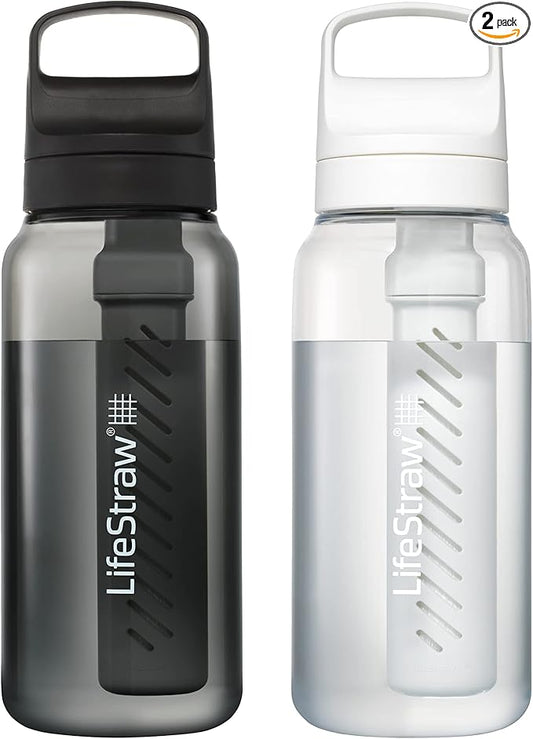 LifeStraw Go Series – BPA-Free Water Filter Bottle for Travel and Everyday use removes Bacteria, parasites and microplastics, Improves Taste, 1L 2-Pack; Nordic Noir and Clear