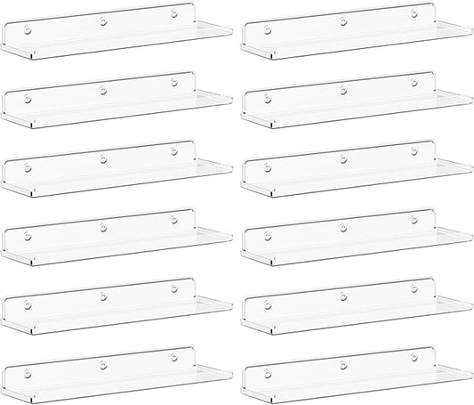 Lifewit Floating Shelves for Bathroom, 15" Acrylic Wall Organizer for Perfume, Makeup, Figures, Nail Polish, Photo, Book, Decor Display Rack for Nursery, Living Room, Bedroom, Kitchen, Clear, 12 Pack