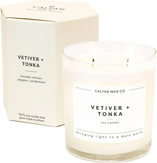 Calyan Wax Co. Vetiver & Tonka 2 Wick Scented Candle - 37 Hour Burn - Luxury Non Toxic Soy Wax Candles - Long Lasting Large Glass Jar Candle for Home - 8.8oz