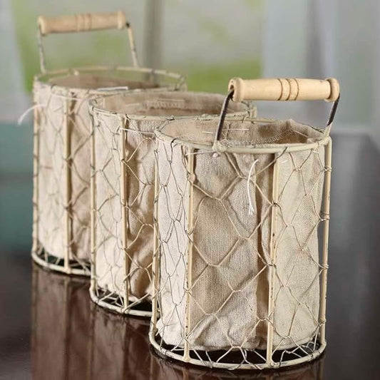 Factory Direct Craft White Washed Chicken Wire Triple Basket with Natural Linen Liner. Use The Small Basket as Cottage, Coastal or Farmhouse Home Decor Organizer.