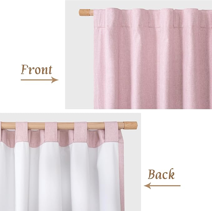 LAMIT Linen Full Blackout Window Curtains for Bedroom, 54 Inches Thermal Farmhouse Curtains Back Tab and Rod Pocket Privacy Protected Burlap Panels with White Liner, 2 Panels, 38 x 54 Inch, Pink
