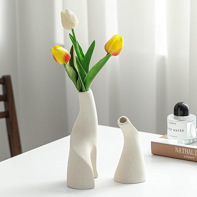 Irregular Circular Cross Ceramic Vase Set,Modern Minimalist Abstract Art Flower Vase for Home Decor,Decorative Small Bud Vase for Home Office Shelf Decor(Black)