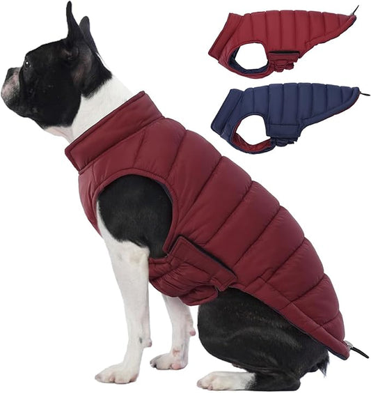 Lelepet Reversible Dog Coat Waterproof Dog Jacket Windproof Puffer Vest for Winter Warm Lightweight Coats for Small Dogs Adjustbale Hook & Loop Pet Apparel with Leash Hole, Pug, Wine Red, M