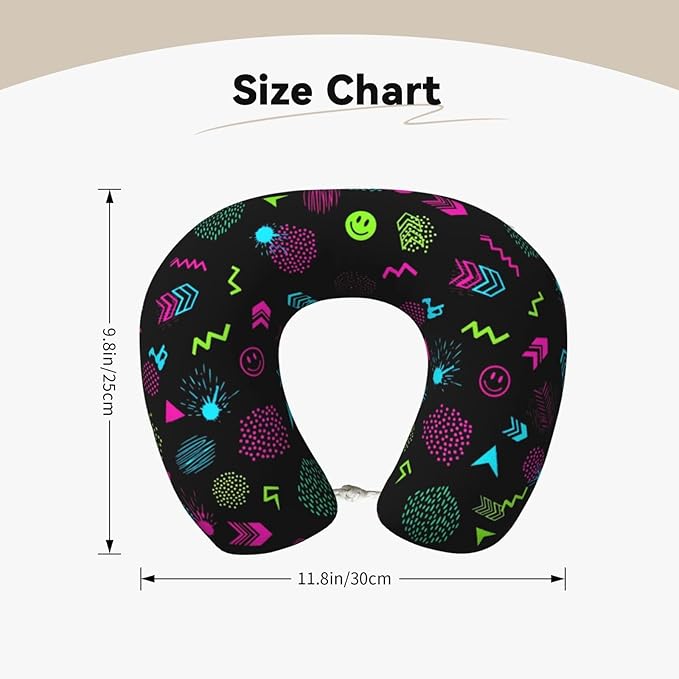 Breathable Neck Pillow for Sleeping Rest Nap 80s 90s Geometric, Airplanes/Car/Home Memory Foam Travel Cushion with Polyester Cover Washable for Women Men