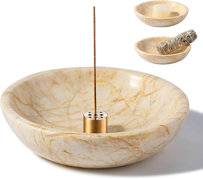 Koville Natural Marble Incense Holder, Incense Holder for Sticks with 9 Holes, Handmade Incense Burner Ash Catcher for Meditation Yoga SPA, Balsam Fir/Palo Santo/Sage/Cone (Gold)