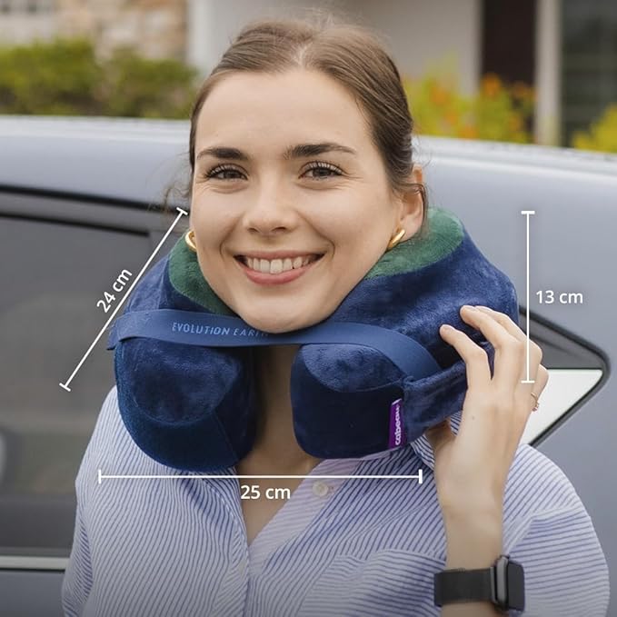 Cabeau Best Neck Pillow for Travel – Evolution Earth Deluxe – 360° Head, Neck and Chin Support for Sleeping – Sustainable Memory Foam - Removable, Washable Cover with Compact Carrying Case (Wind)